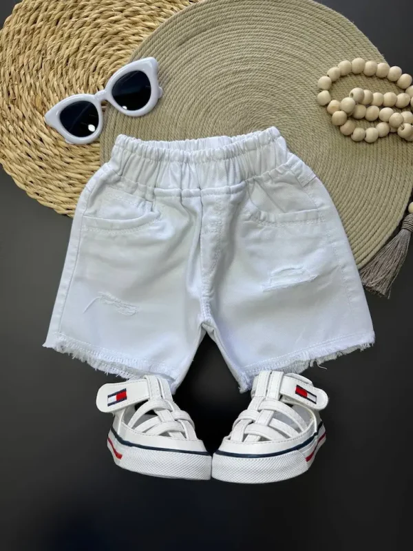 شلوارک جین زاپدار پایین ریش سفید