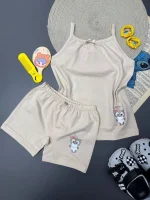 ست رکابی و شورتک دخترانه بچگانه در رنگ‌ کرم