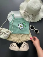 تاپ و شورتک دخترانه بچگانه طرح بابونه نمای روبرو