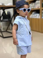 تنخور تاپ کلاهدار و شلوارک آبی روشن